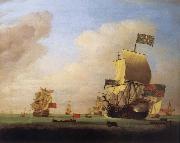 Monamy, Peter Flagship of Sir John Leake,coming to anchor in the bay of Barcelona Spain oil painting reproduction